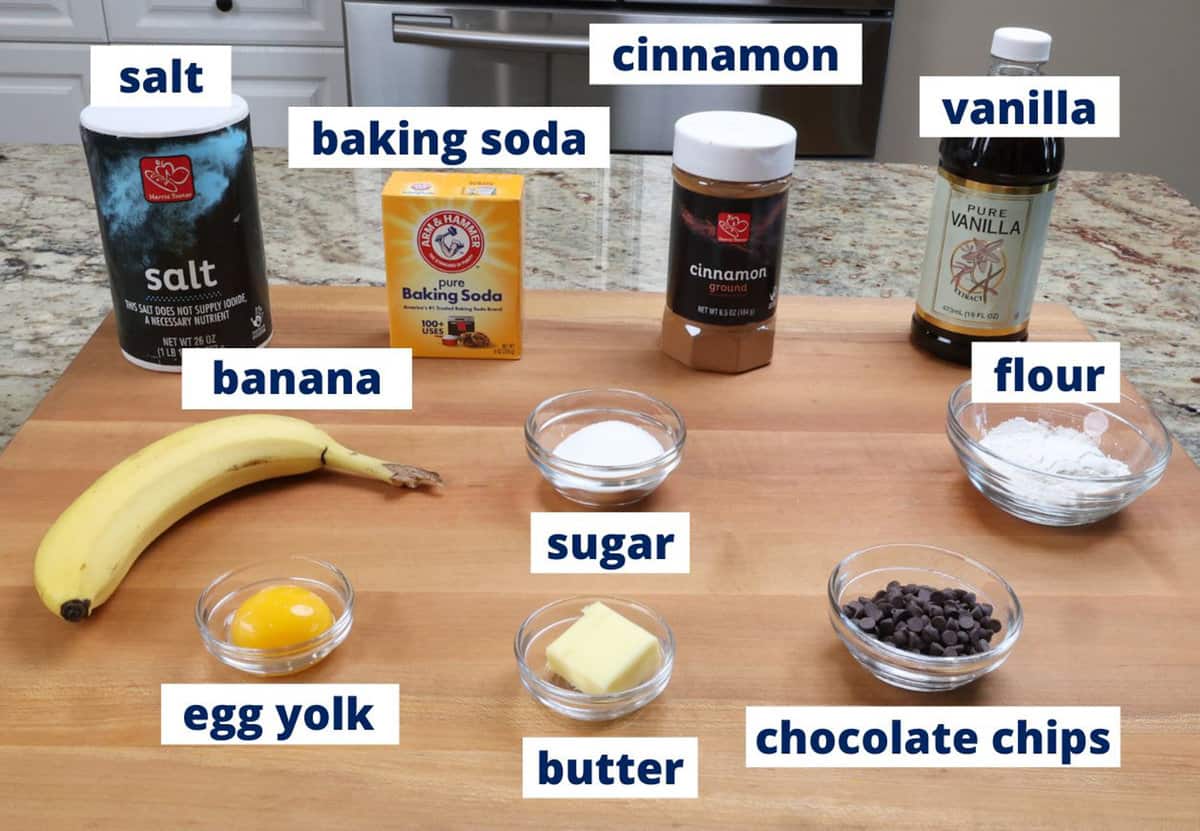 chocolate chip banana bread ingredients on a kitchen counter.
