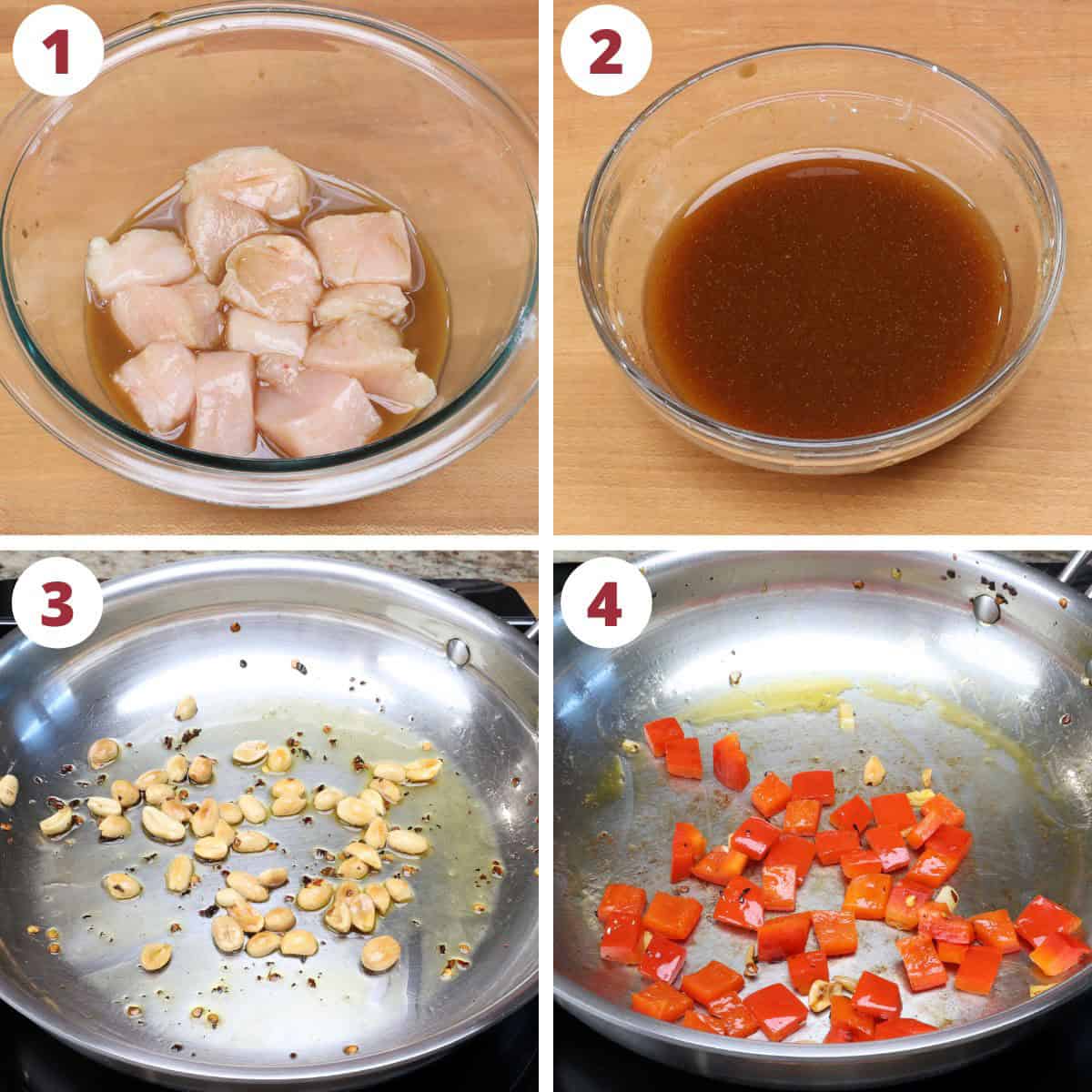 four photos showing how to marinate chicken for kung pao chicken.