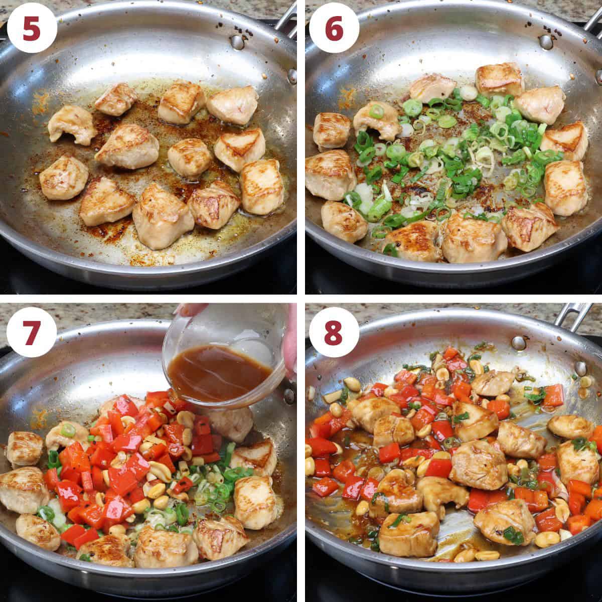 four photos showing how to make kung pao chicken.
