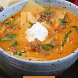 lasagna soup in a blue bowl.