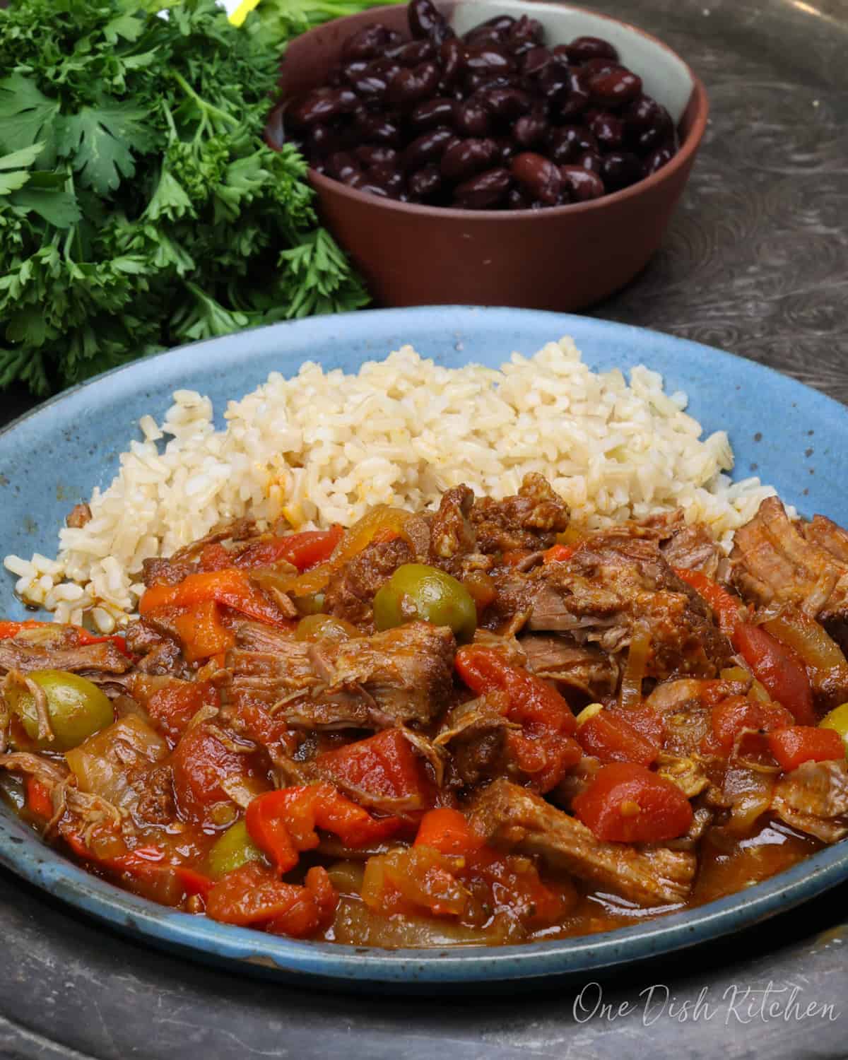 a blue plate filled with ropa vieja and white rice.