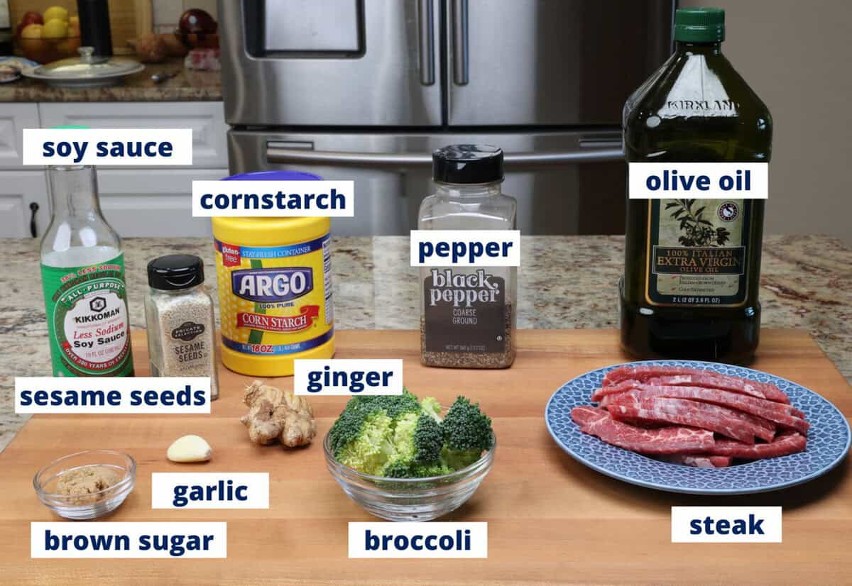 beef and broccoli ingredients on a kitchen counter.