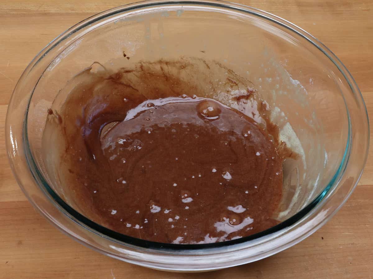 lava cake batter in a mixing bowl.