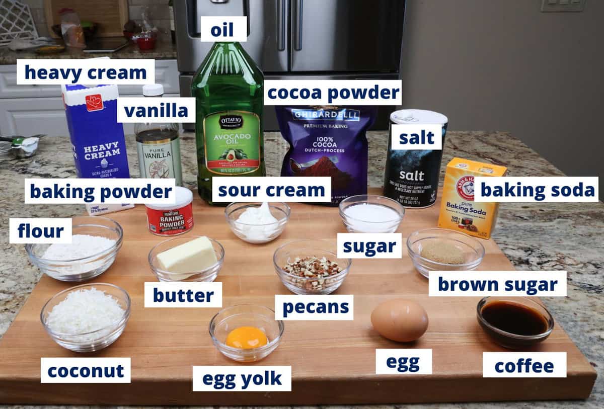 German Chocolate Cake ingredients on a kitchen counter.