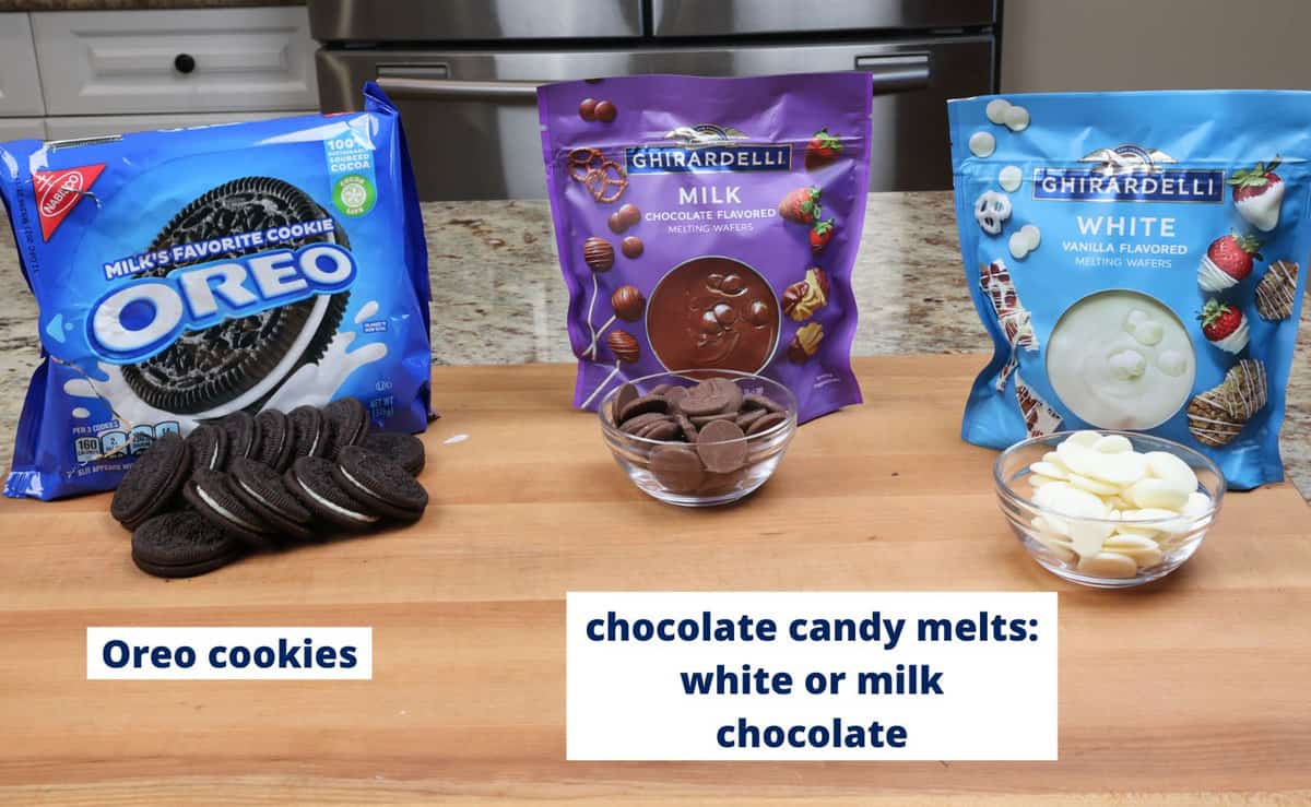 chocolate covered oreo ingredients on a kitchen counter.