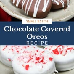 chocolate covered oreos on a plate topped with white chocolate and crushed candy canes.