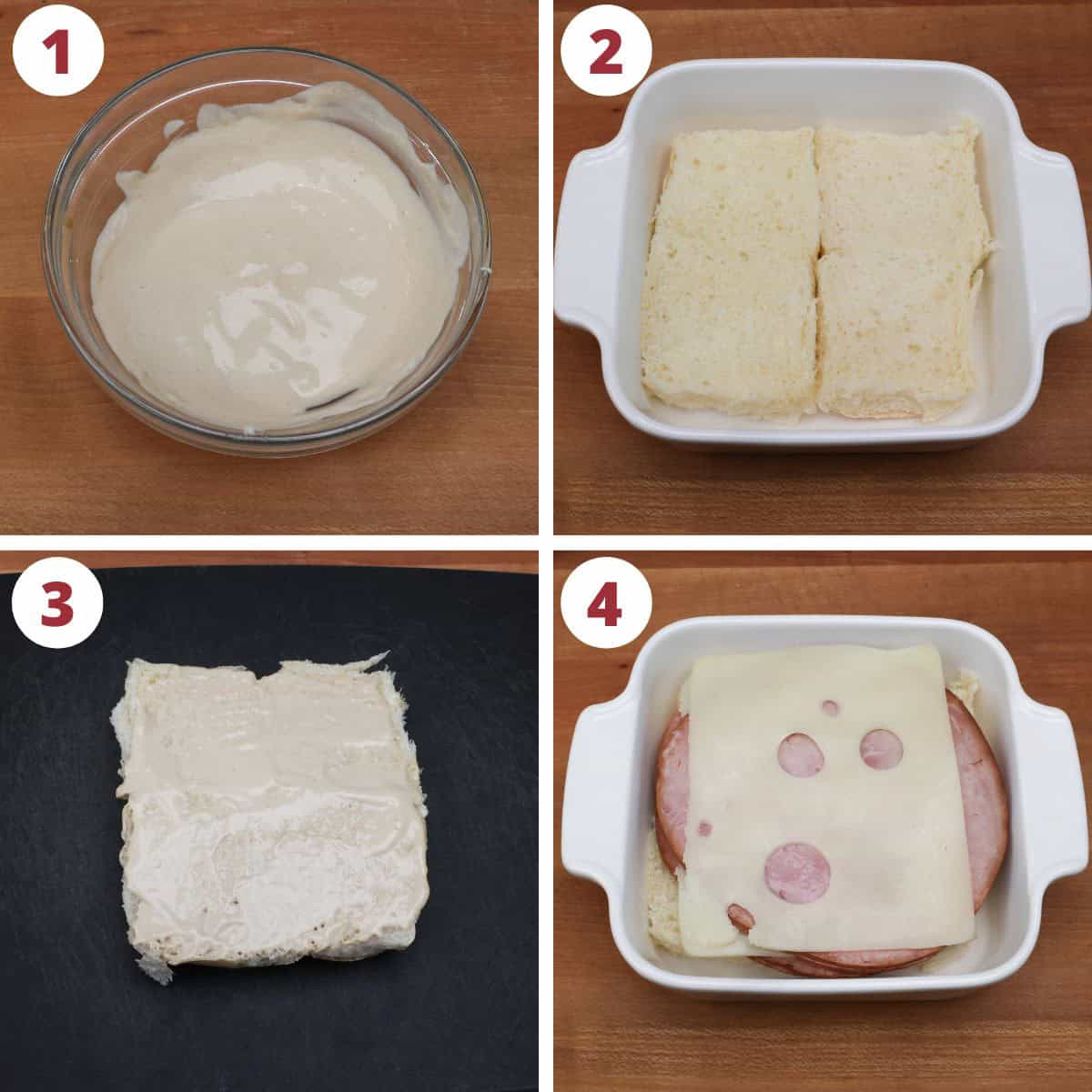 four photos showing how to make ham and cheese sliders.