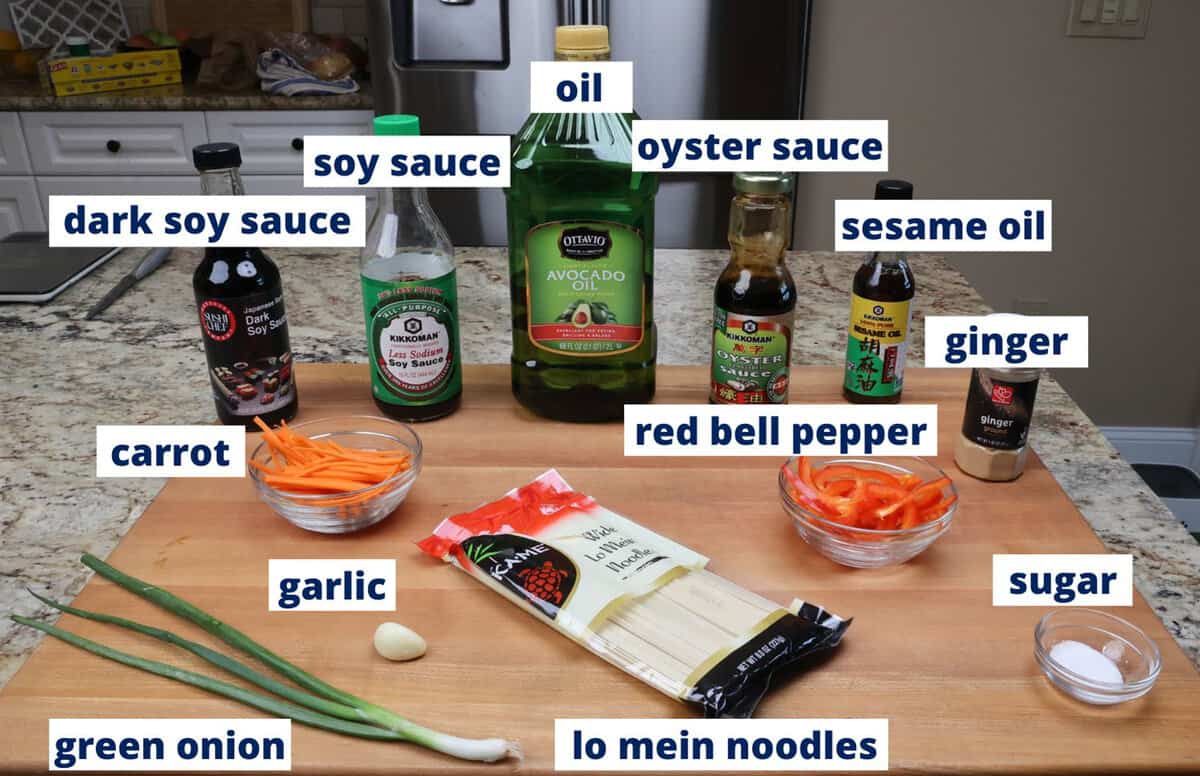 lo mein ingredients on a kitchen counter.