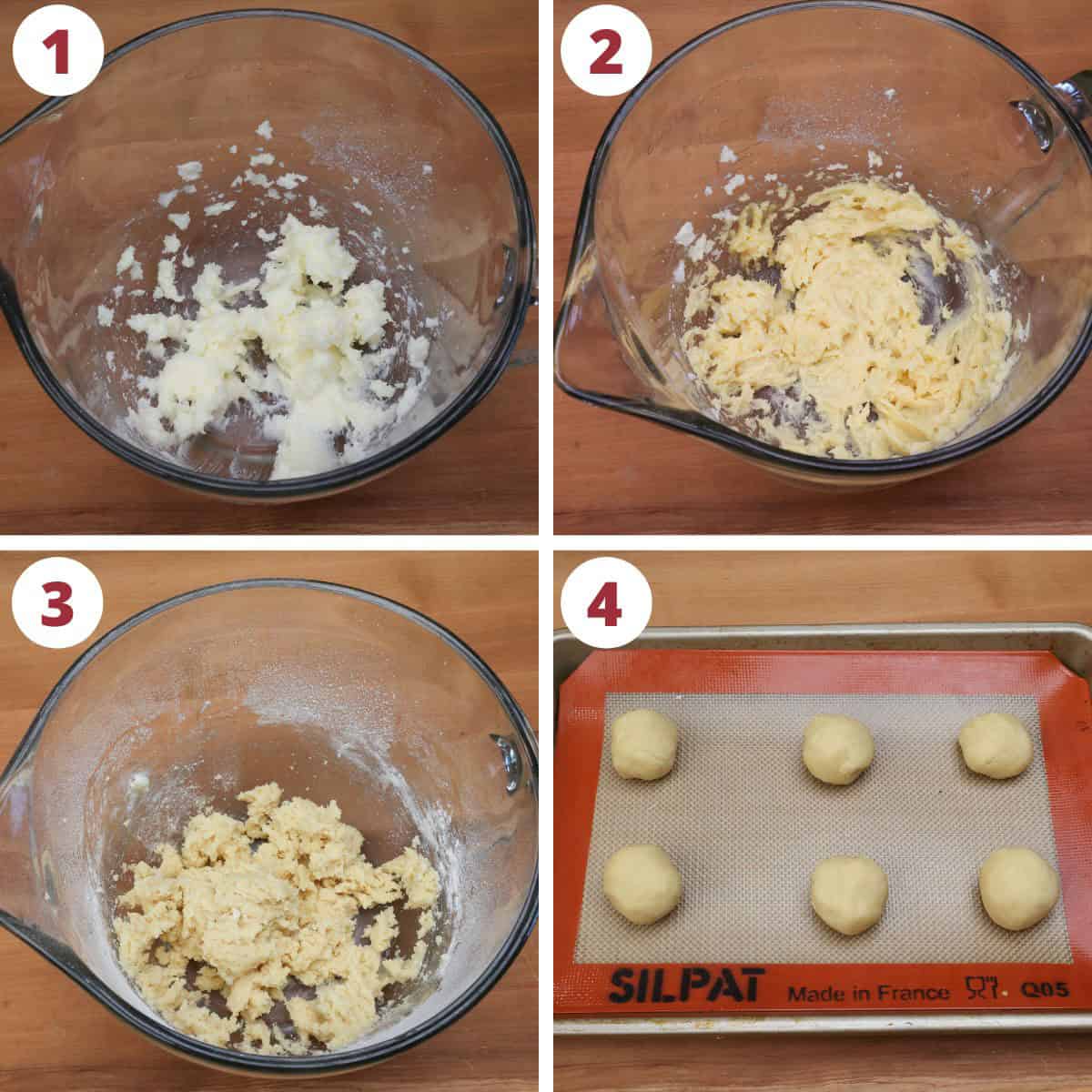 four photos showing how to make thumbprint cookie dough.