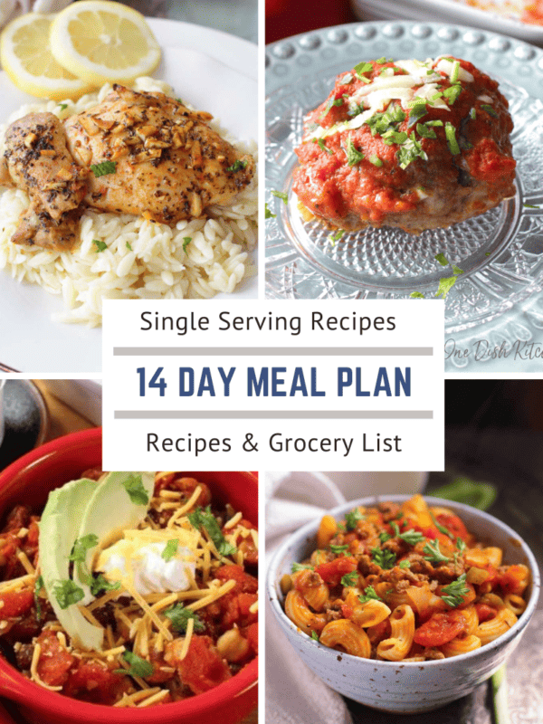 14 day meal plan promotional image with images of chicken and rice, meatball, taco and chili mac dishes.