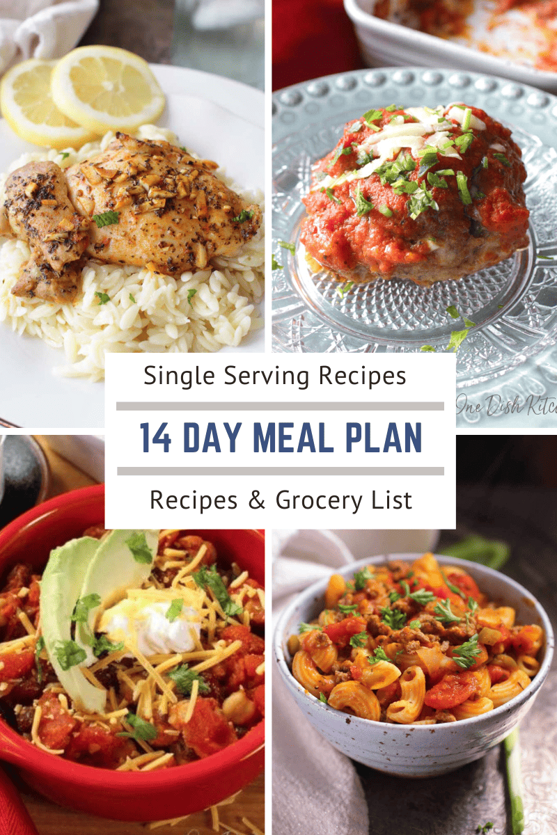 collection of single serving recipes as part of a 14 day meal plan including lemon chicken on rice, one meatball, vegetarian chili and goulash.  