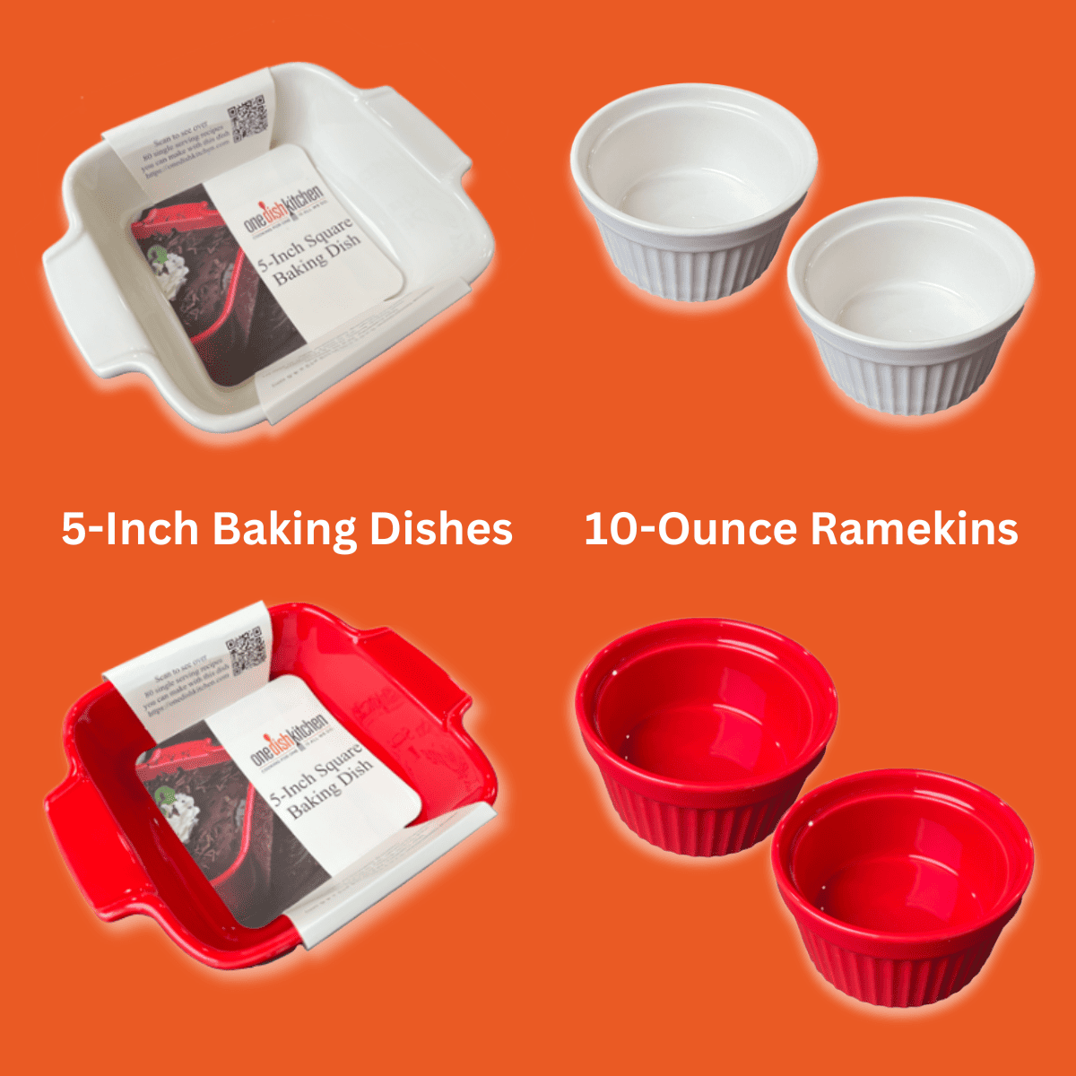 image showing one white and one red 5 inch baking dish and 2 each red and white ramekins.