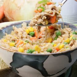 a fork over a bowl of chicken fried rice.