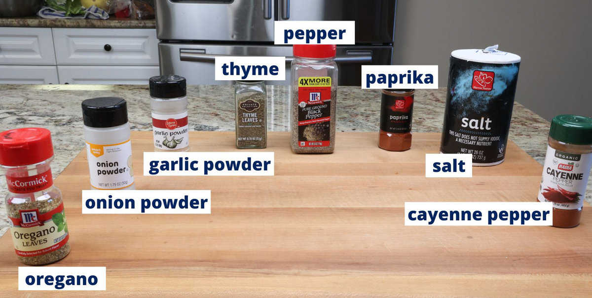 creole seasoning ingredients on a kitchen counter.