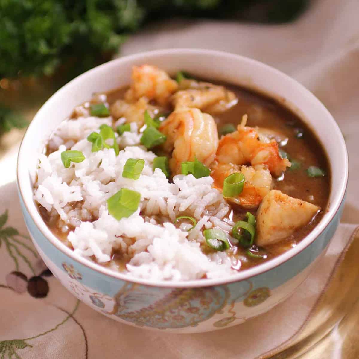 seafood gumbo in a bowl.