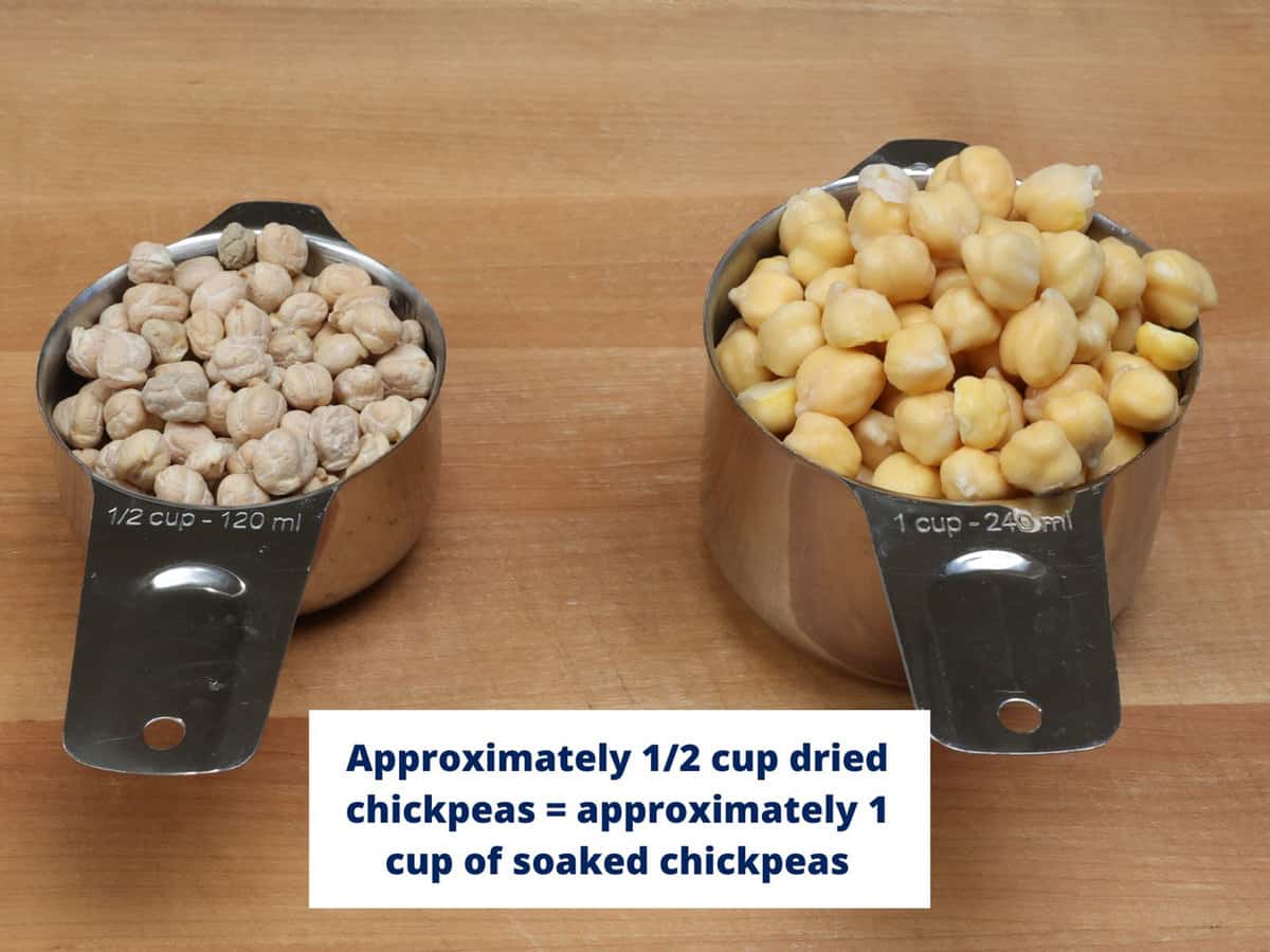 1/2 cup of dried chickpeas next to 1 cup of soaked chickpeas on a kitchen counter.