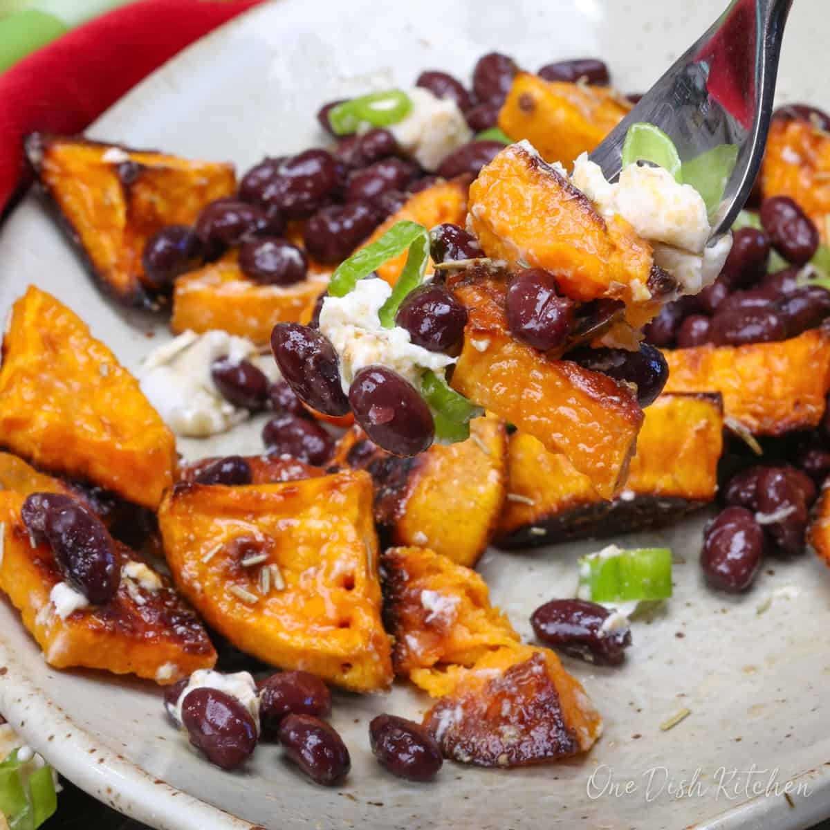 a roasted sweet potato and black bean salad on a plate.