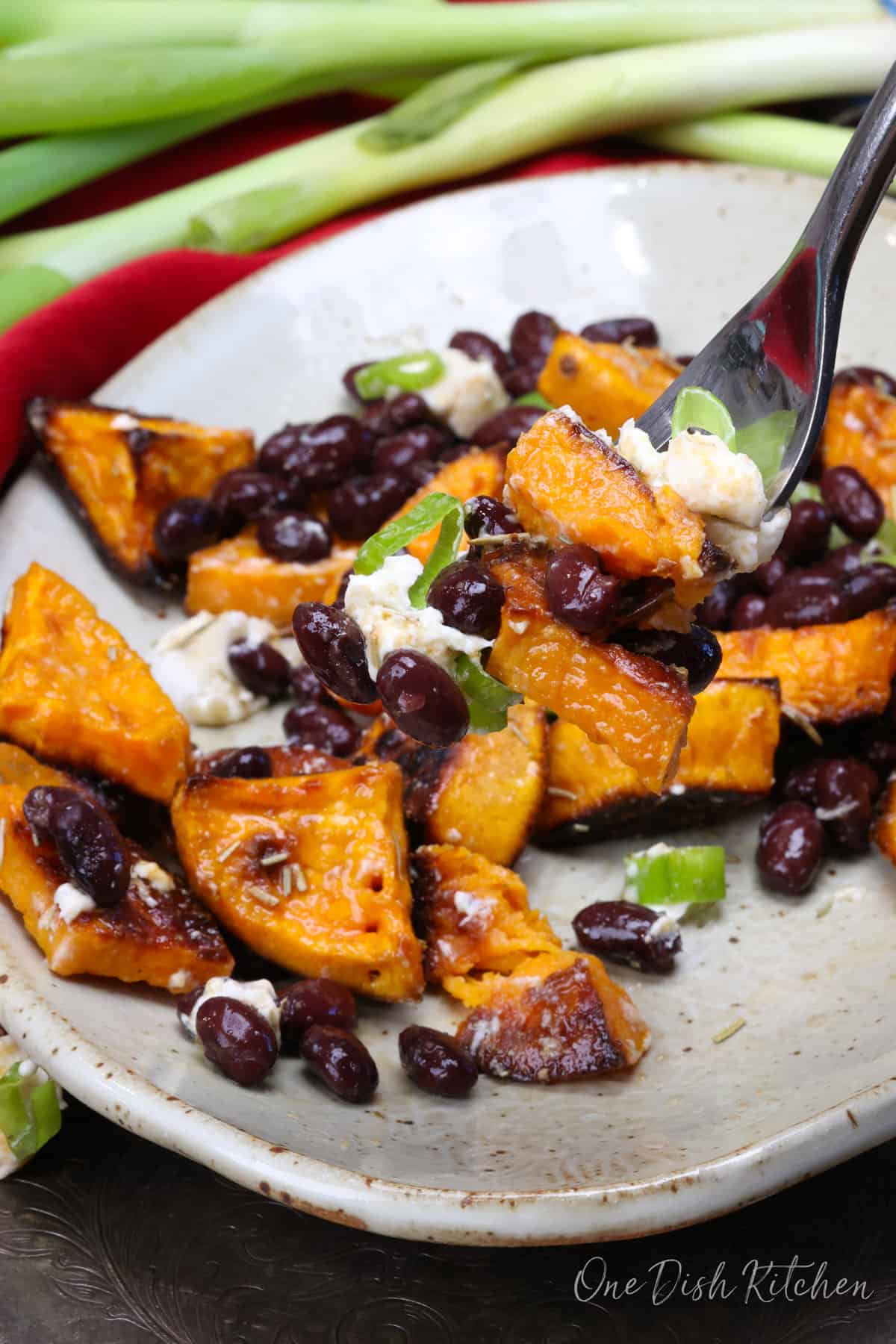 a forked holding roasted sweet potatoes and black beans over a plate of black bean salad.