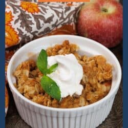 apple crisp in a white ramekin with whipped cream and mint leaves on top.