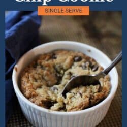 A single serve chocolate chip cookie baked in a ramekin.