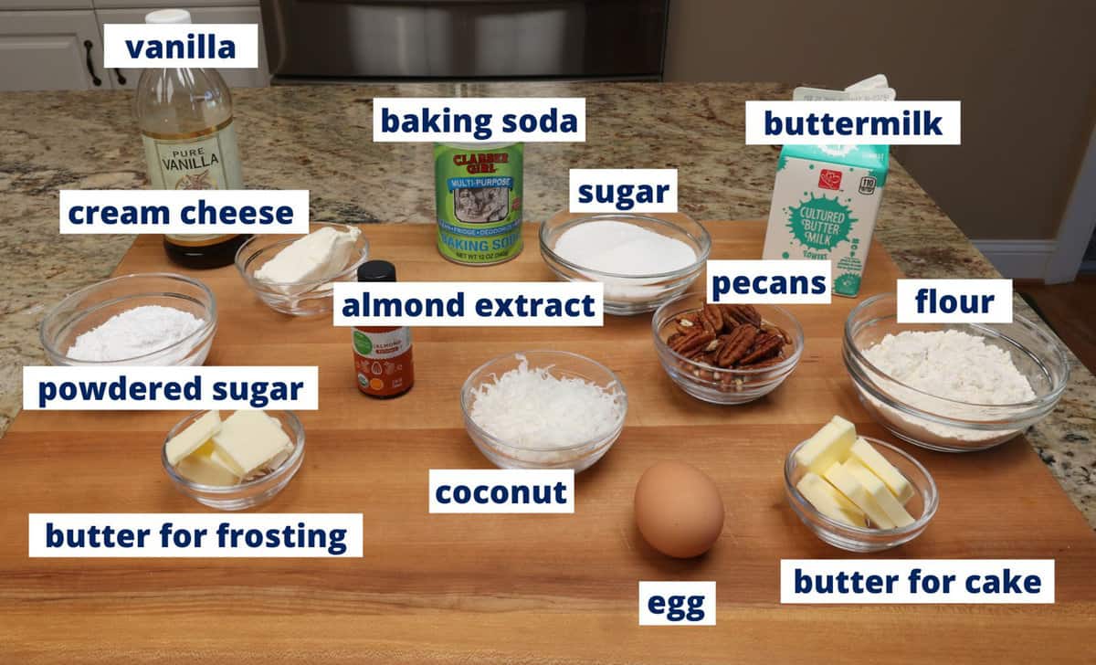 italian cream cake ingredients on a kitchen counter.