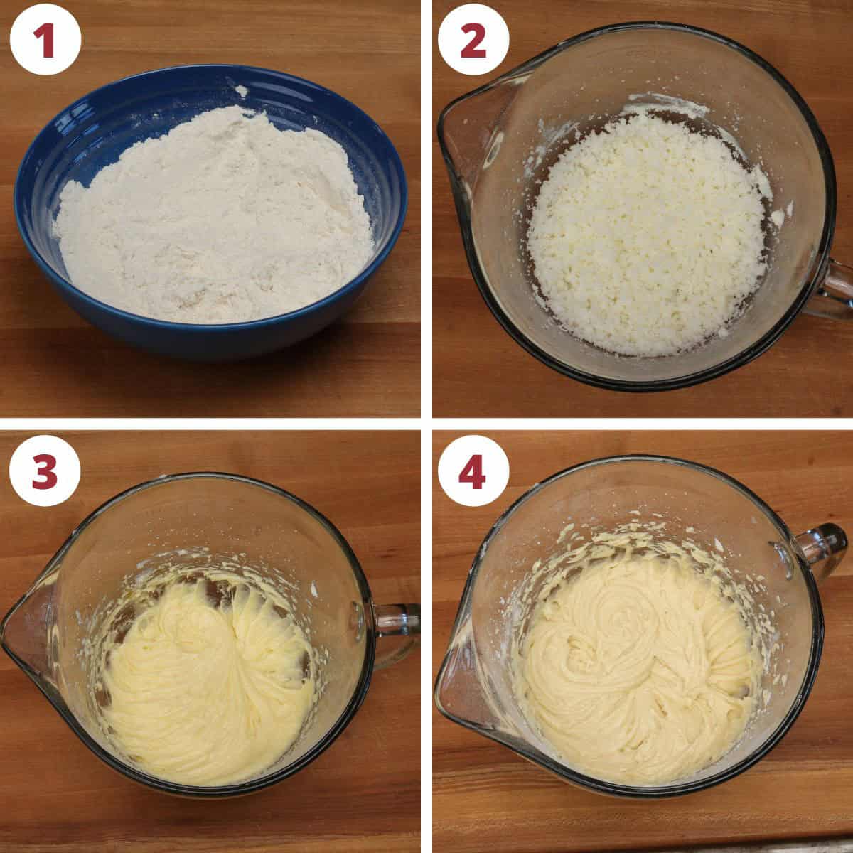 four photos showing how to make Italian cream cake batter.