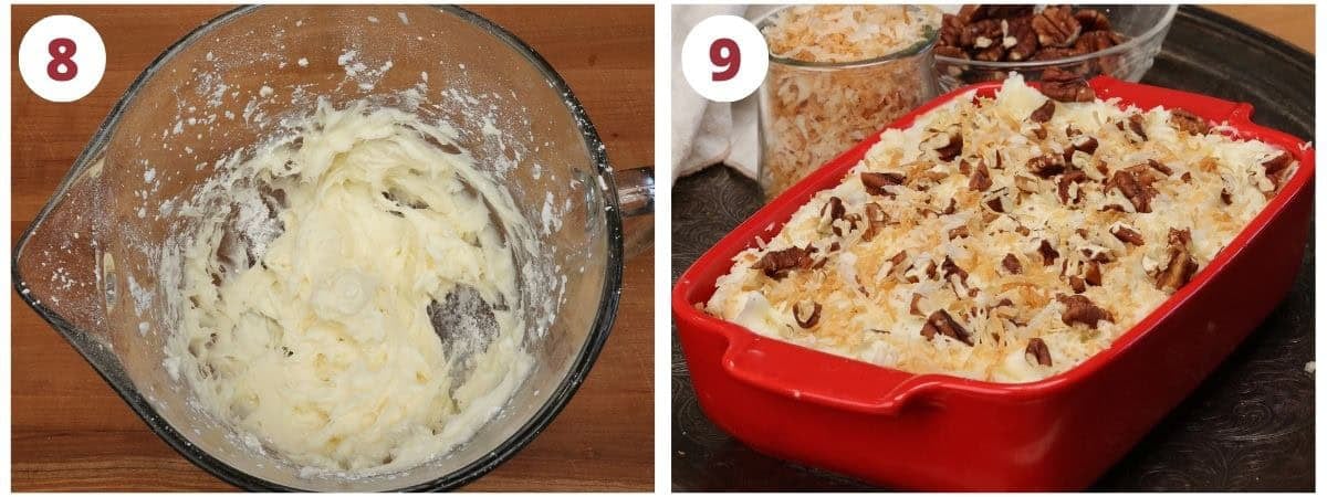 frosting in a bowl next to the frosted italian cream cake.