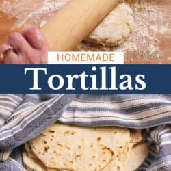 A stack of homemade flour tortillas wrapped in a blue and white striped towel on a metal tray.