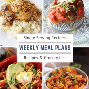 a weekly meal plan promotion image with images of chicken and rice, meatball, taco and chili mac dishes.