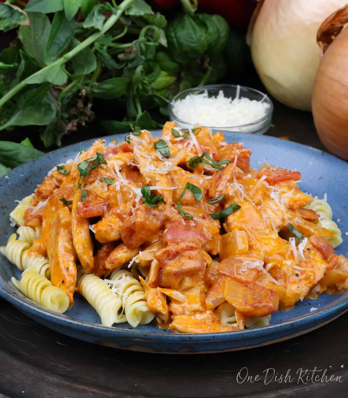 a small plate of paprika chicken over pasta.
