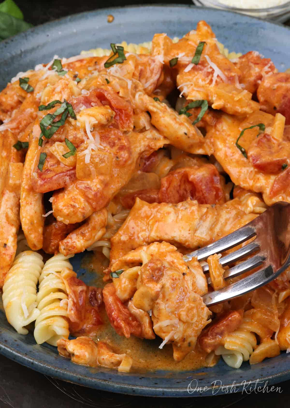 chicken thighs in a creamy paprika sauce over pasta.