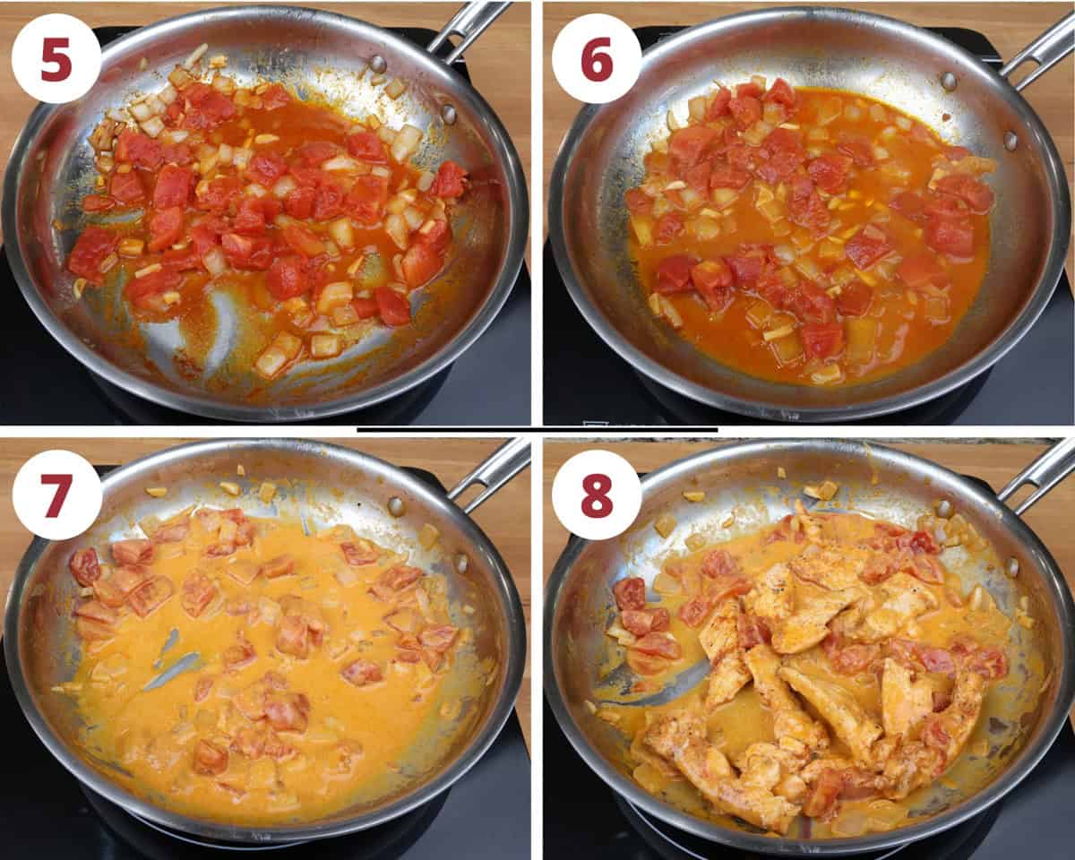 four photos showing chicken paprika simmering in a skillet.