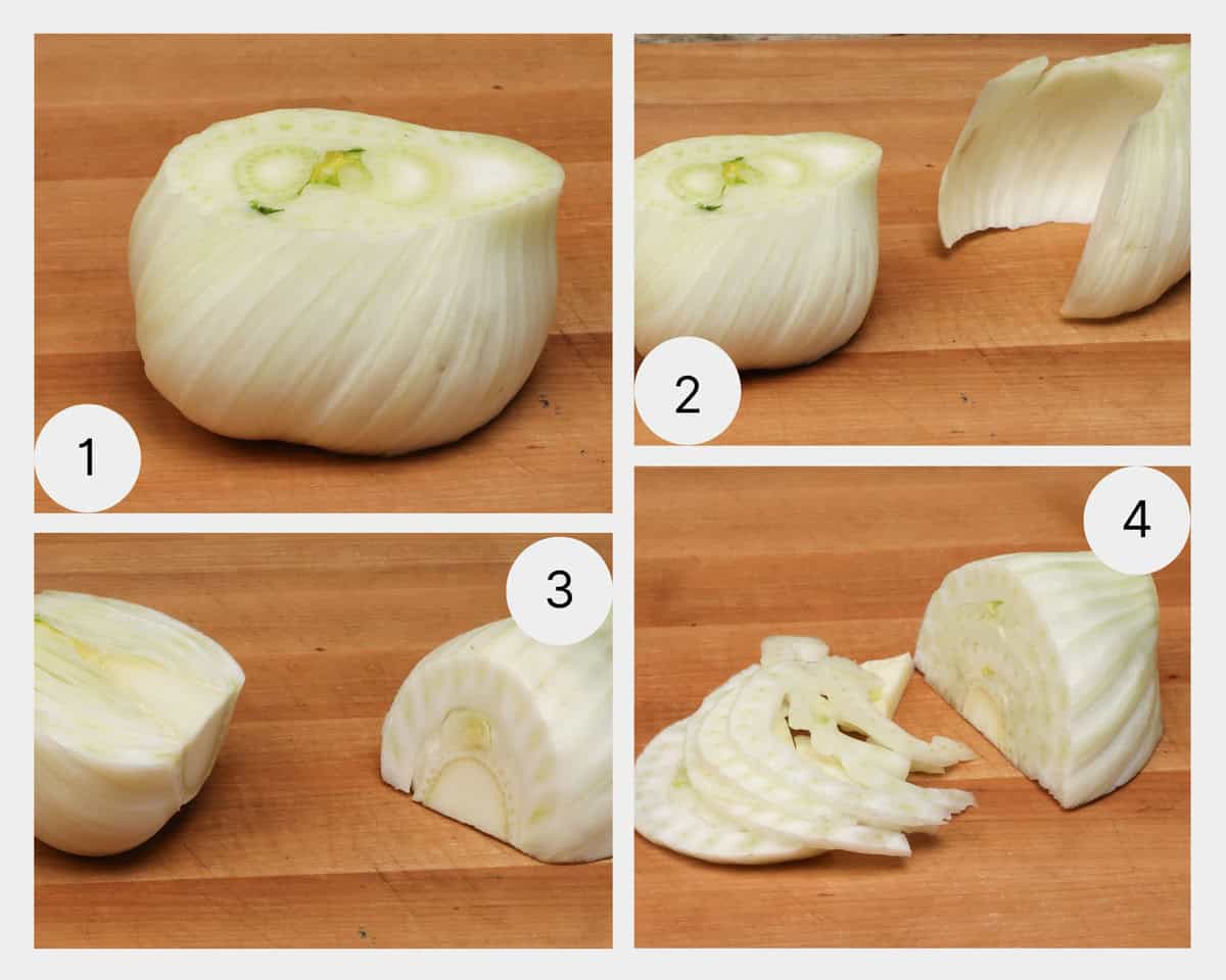 steps showing how to cut fennel.