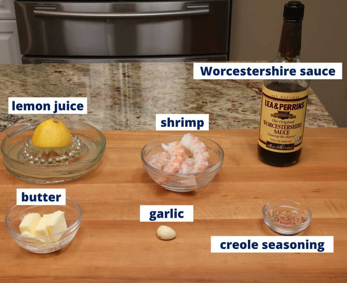 bbq shrimp ingredients on a kitchen counter.