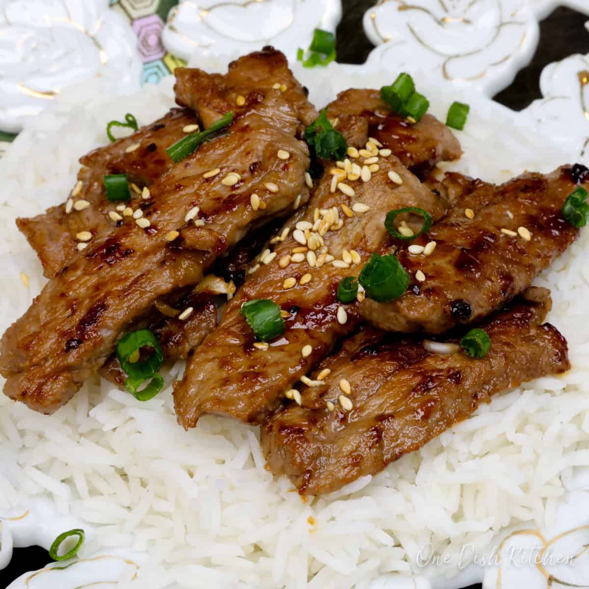 a single serving of beef bulgogi over rice.