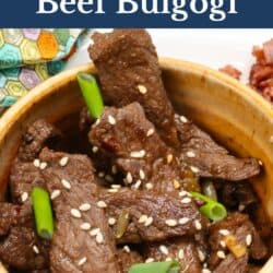 beef bulgogi in a brown bowl.