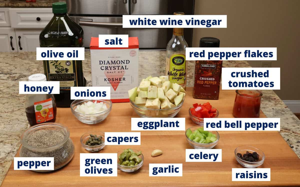 caponata ingredients on a kitchen counter.