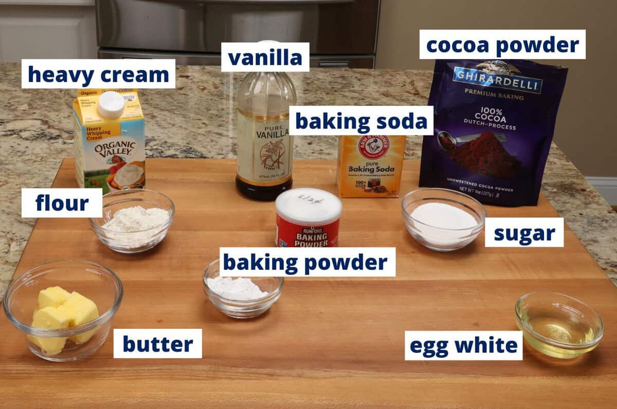 chocolate cake ingredients on a kitchen counter.