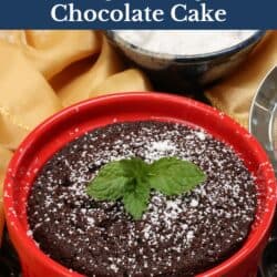 a mini chocolate cake topped with powdered sugar and fresh mint.