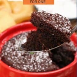 a mini chocolate cake with a fork on the side of the dish.