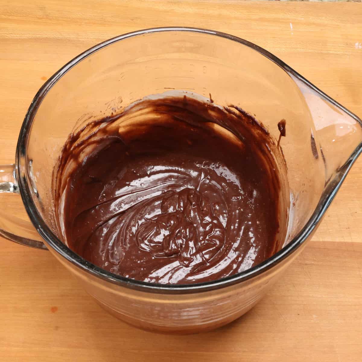 chocolate cake batter in a mixing bowl.