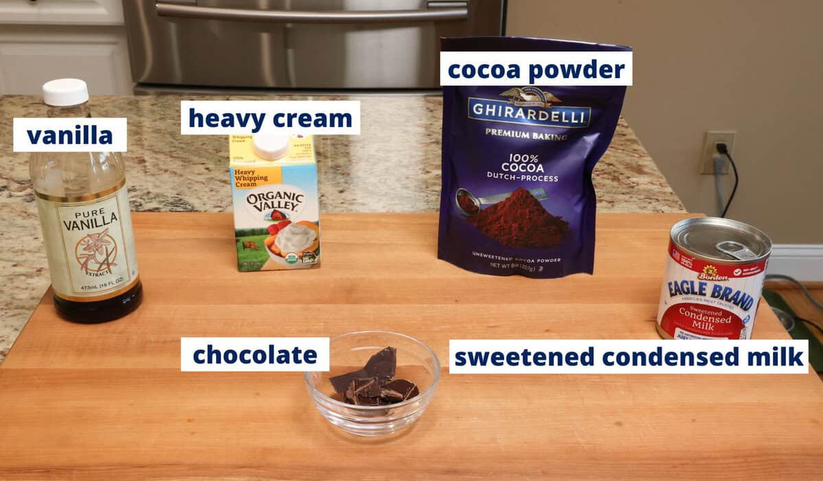 chocolate ice cream ingredients on a kitchen counter.