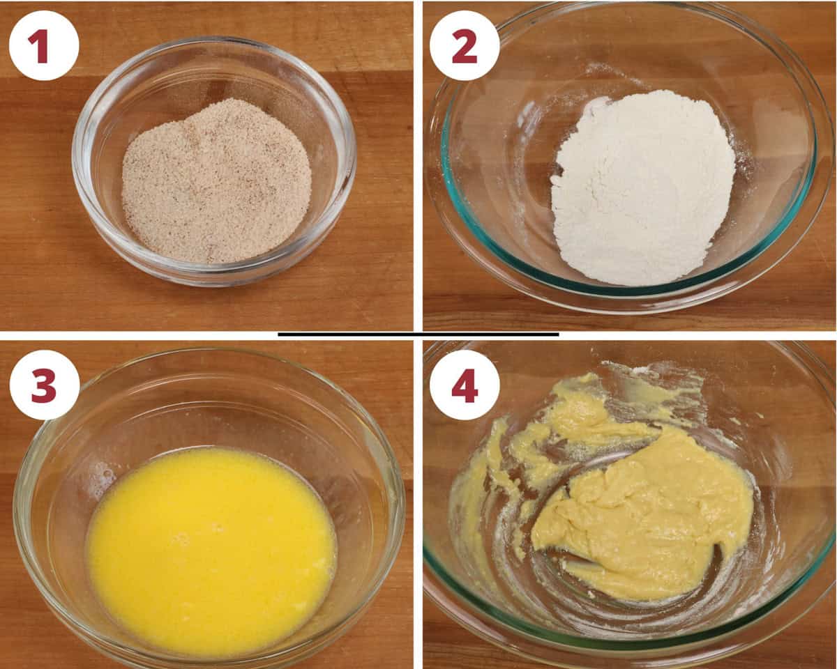 four photos showing how to make the batter for french breakfast puffs.