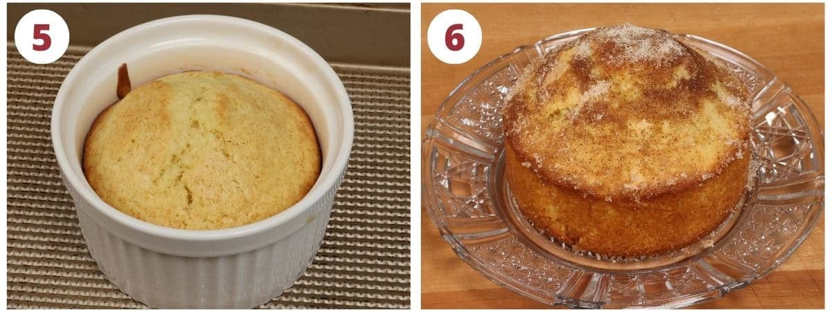 two photos of a french breakfast puff coated with sugar.