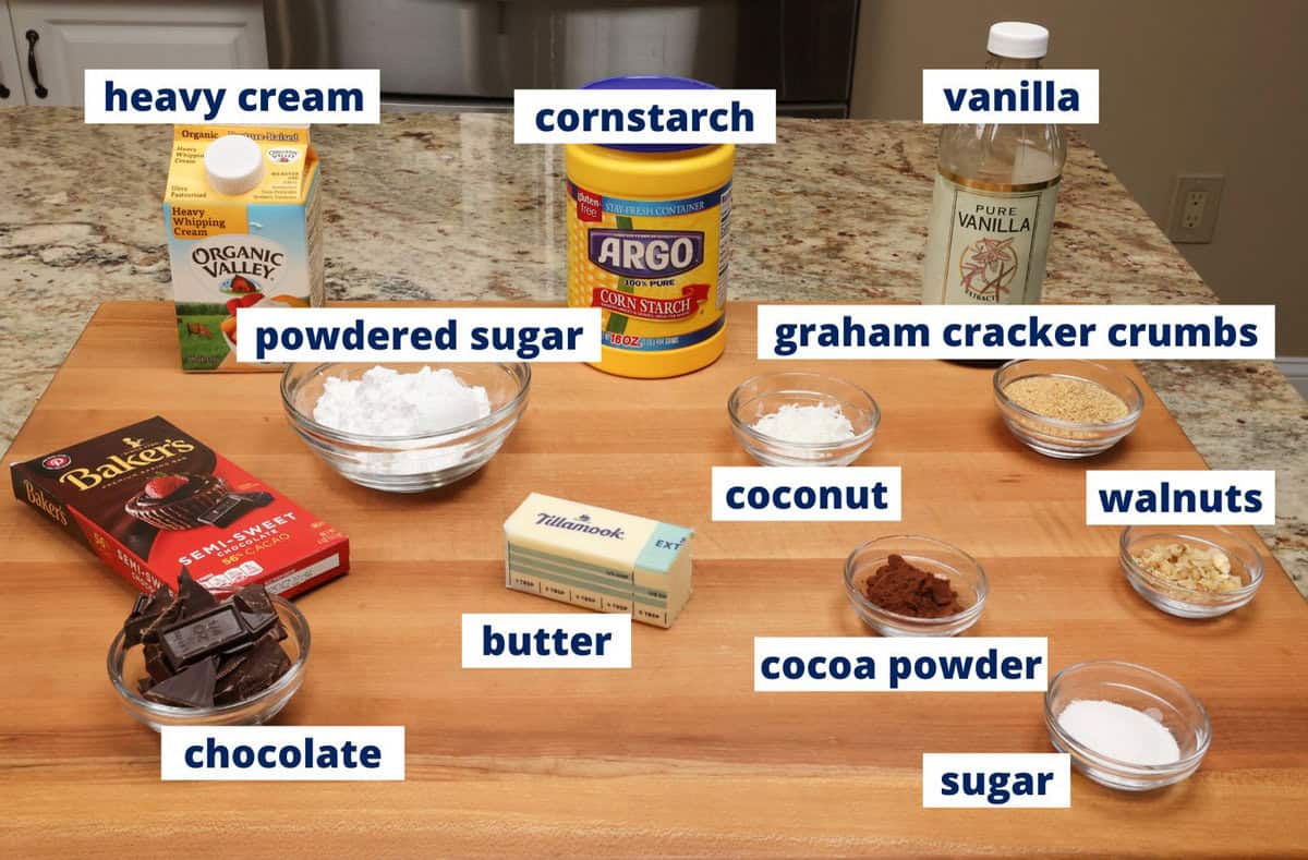 nanaimo bars ingredients on a kitchen counter.