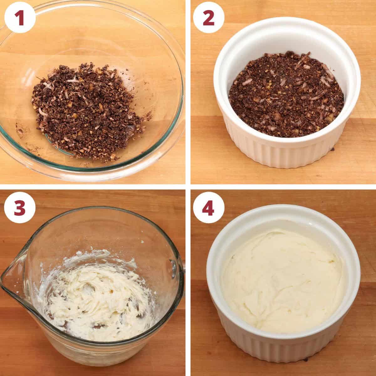 four photos showing how to make the filling for nanaimo bars.
