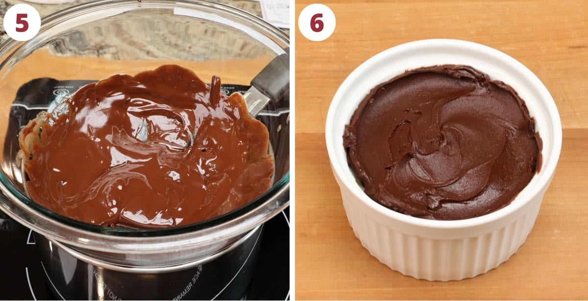 two photos showing how to make chocolate ganache and adding it to the top of a nanaimo bar.