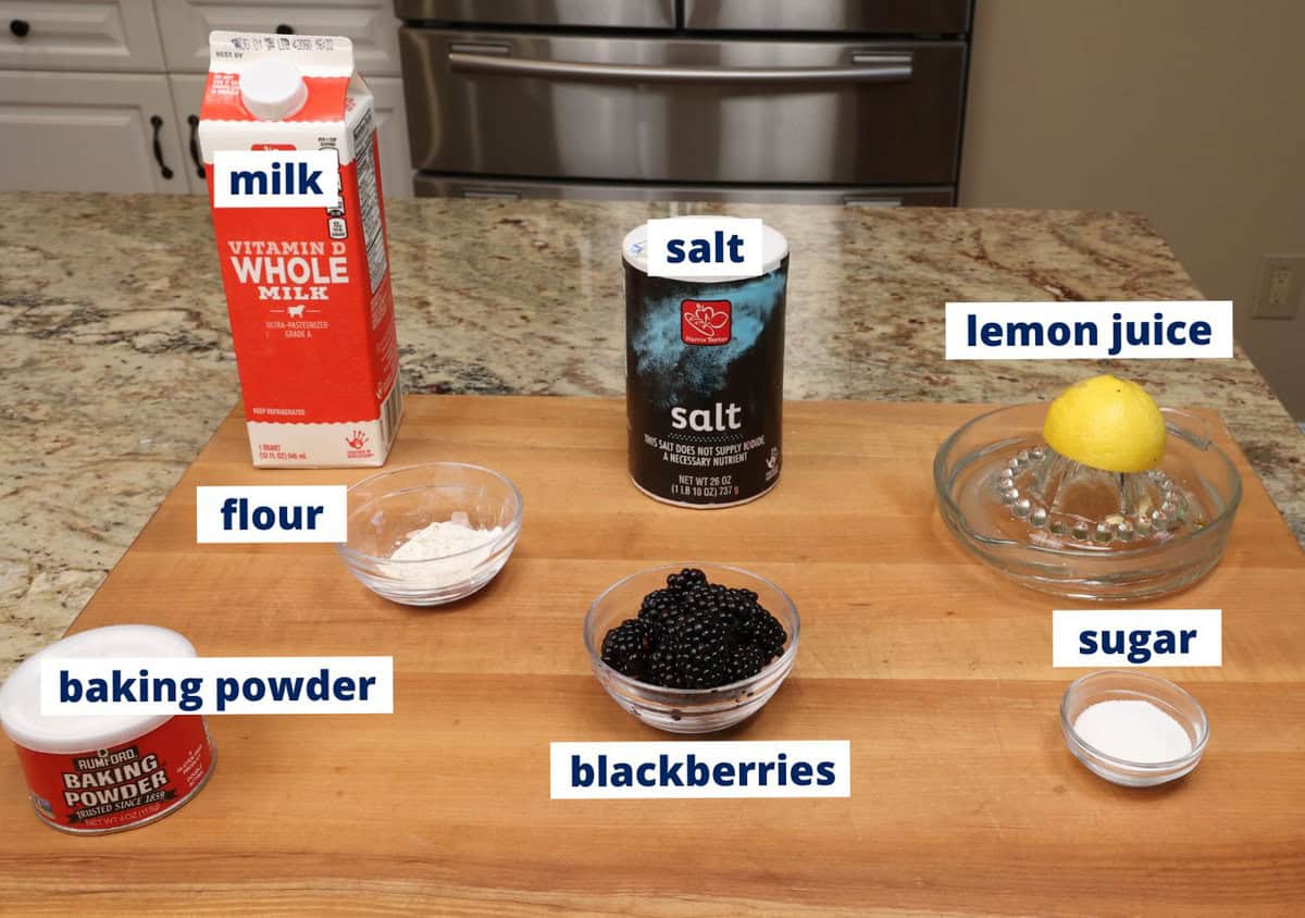 blackberry cobbler ingredients on a kitchen counter.