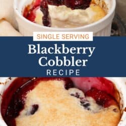 a blackberry cobbler topped with whipped cream and a spoon on the side of the dish.