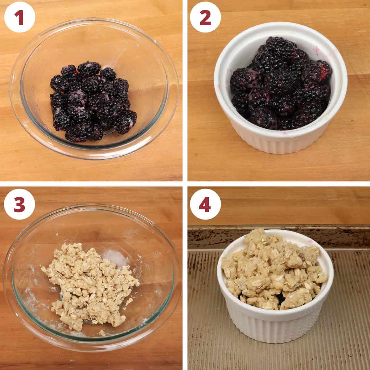 four photos showing how to make a small blackberry crisp.